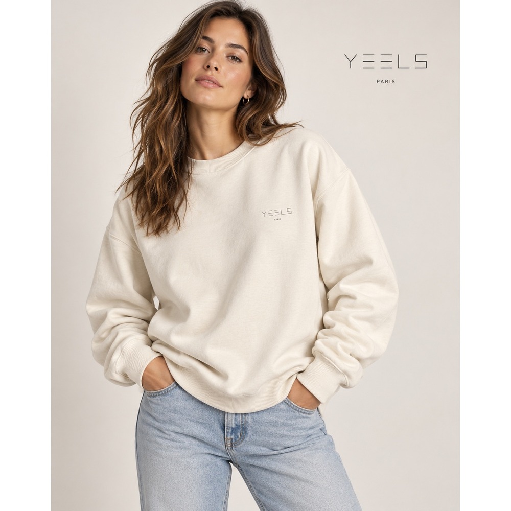 Yeels Paris Off White 100% Cotton Fleece Crewneck Sweatshirt Minimalist Logo
